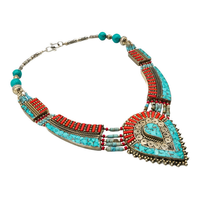 Vintage Tibetan Turquoise Coral Style Ethnic Tribal Bib Statement Necklace 17.5 Inches