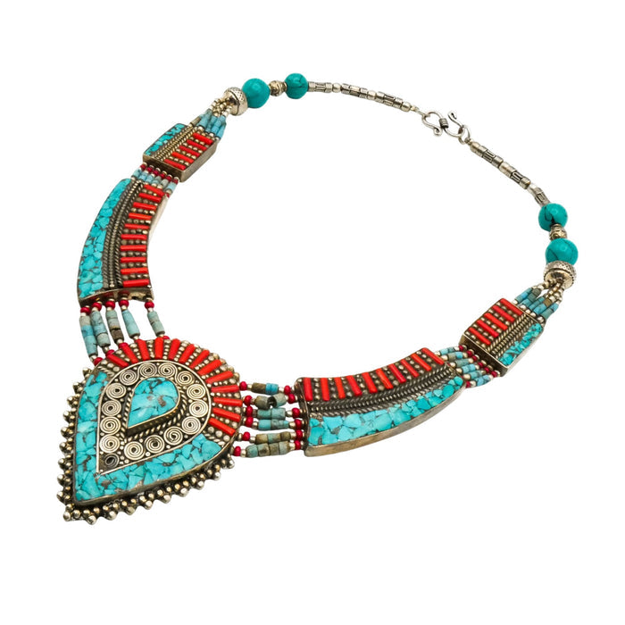 Vintage Tibetan Turquoise Coral Style Ethnic Tribal Bib Statement Necklace 17.5 Inches