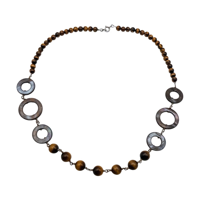 Vintage Tiger’s Eye Abalone Shell Necklace 22 Inch Sterling Silver Boho Statement