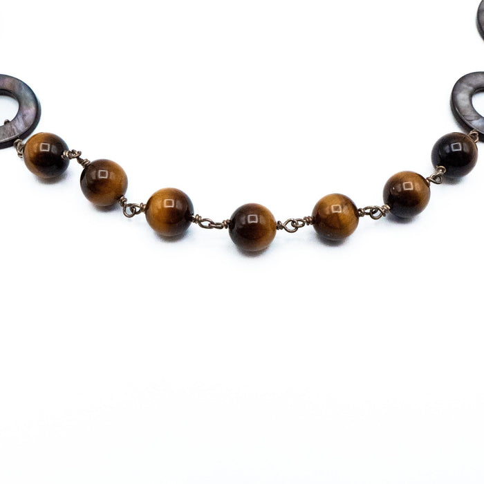 Vintage Tiger’s Eye Abalone Shell Necklace 22 Inch Sterling Silver Boho Statement