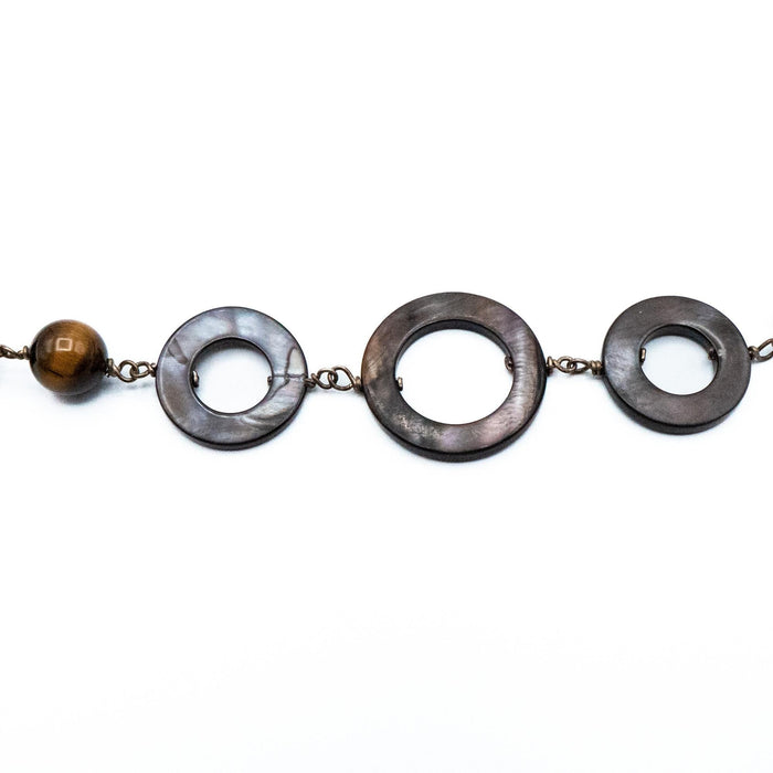 Vintage Tiger’s Eye Abalone Shell Necklace 22 Inch Sterling Silver Boho Statement