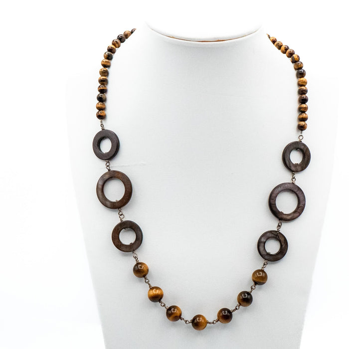 Vintage Tiger’s Eye Abalone Shell Necklace 22 Inch Sterling Silver Boho Statement