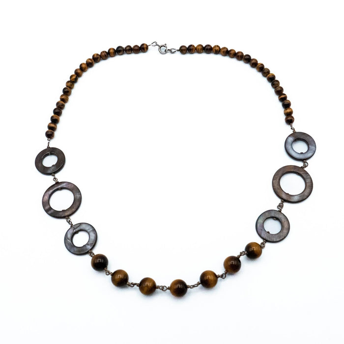 Vintage Tiger’s Eye Abalone Shell Necklace 22 Inch Sterling Silver Boho Statement