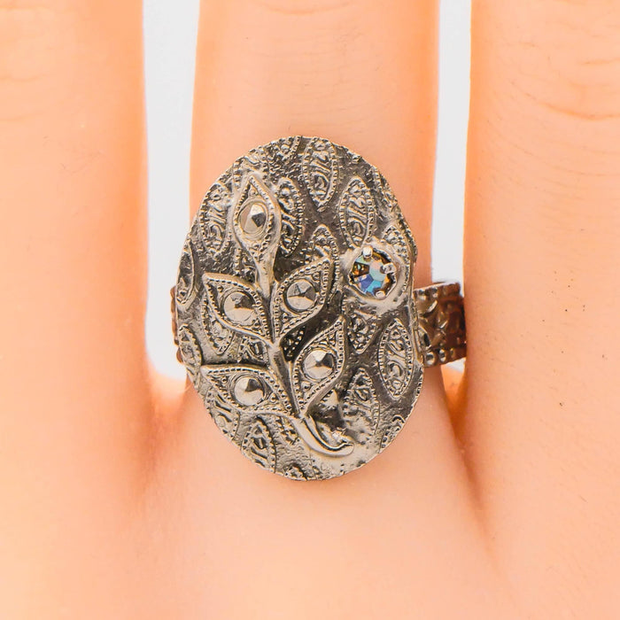 Vintage West Germany Leaf Pattern Ring Size 8 Adjustable