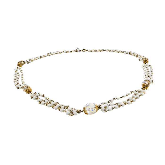 Vintage White Bead & Crystal Three-Strand Rosary Style Necklace With Gold Filigree Accents