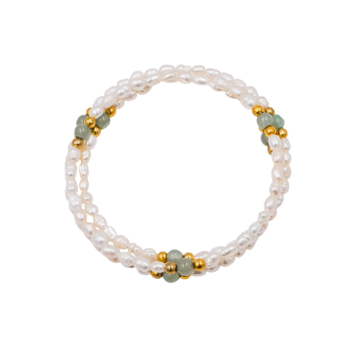 White Baroque Pearl Wrap Bracelet Aventurine Gold Bead Adjustable 6.7 Inch