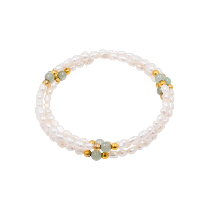 White Baroque Pearl Wrap Bracelet Aventurine Gold Bead Adjustable 6.7 Inch