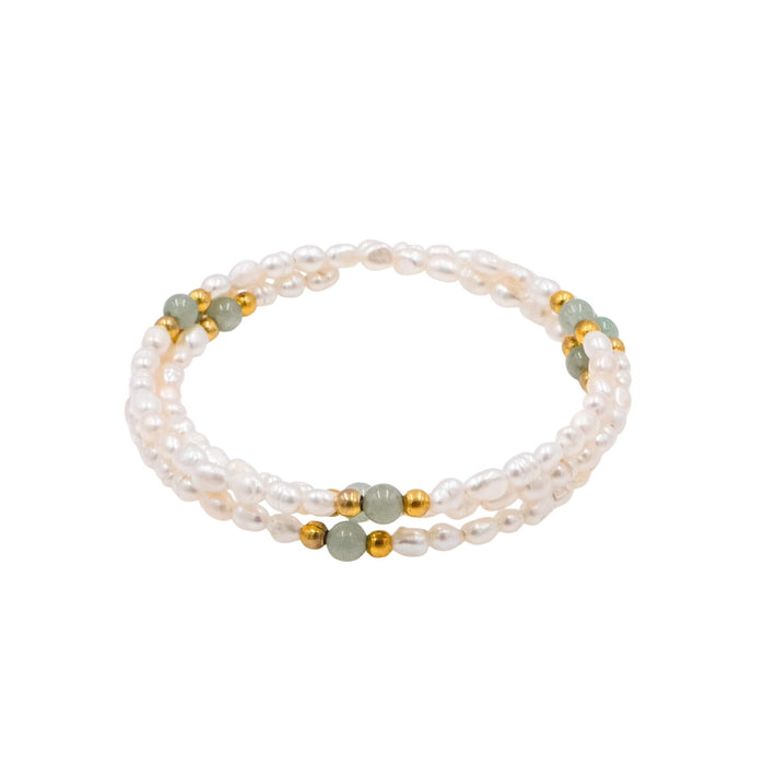 White Baroque Pearl Wrap Bracelet Aventurine Gold Bead Adjustable 6.7 Inch