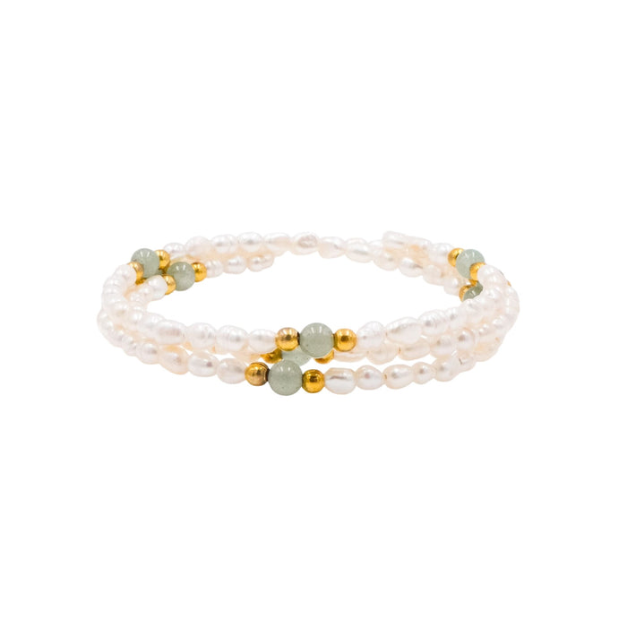 White Baroque Pearl Wrap Bracelet Aventurine Gold Bead Adjustable 6.7 Inch