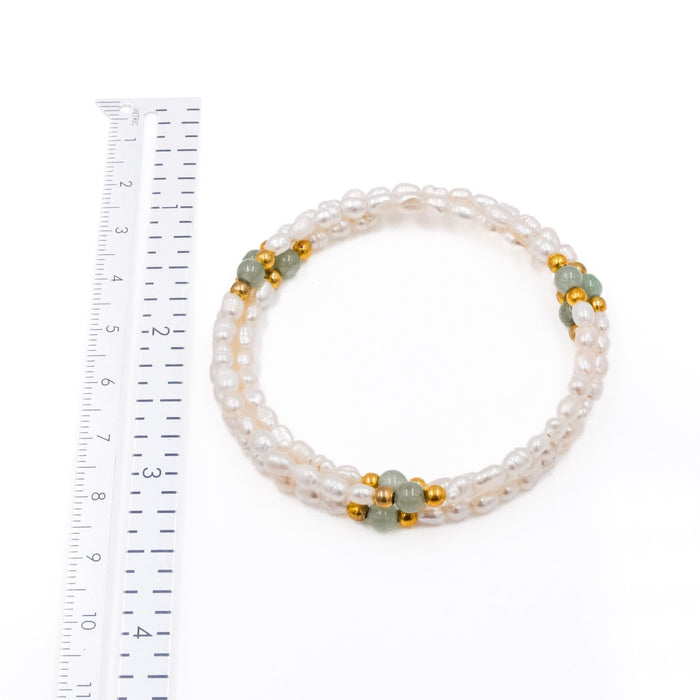 White Baroque Pearl Wrap Bracelet Aventurine Gold Bead Adjustable 6.7 Inch