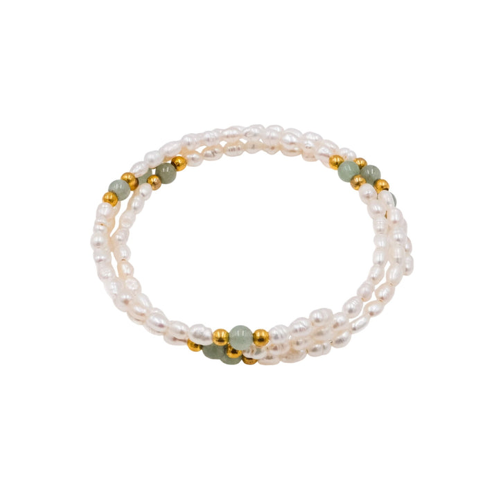 White Baroque Pearl Wrap Bracelet Aventurine Gold Bead Adjustable 6.7 Inch