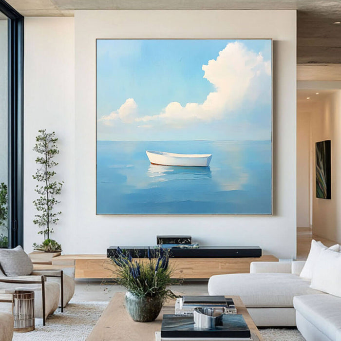 White Boat on Water Painting - Calm Coastal Canvas Art - White Boat - Hues Art Lab