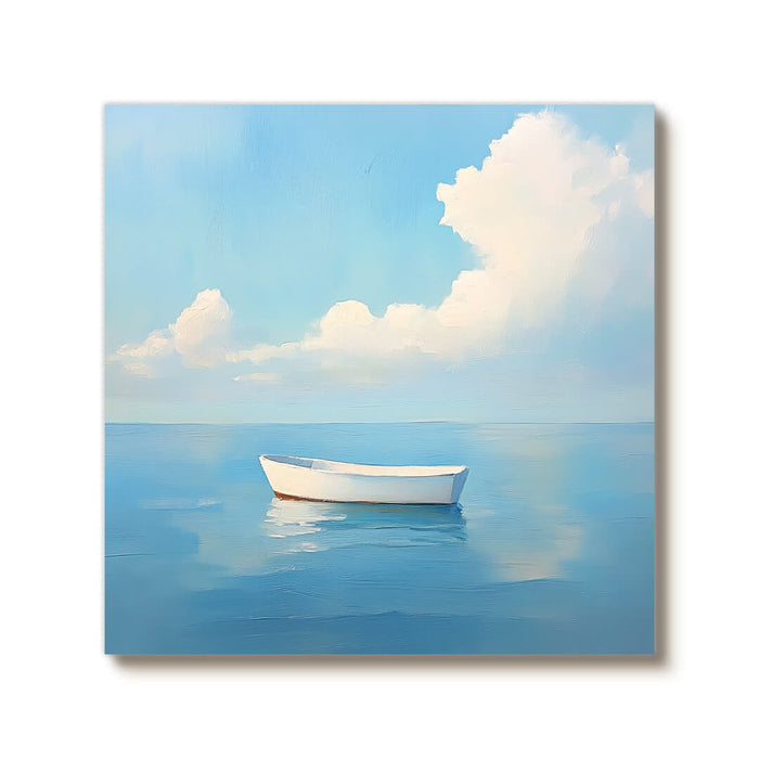 White Boat on Water Painting - Calm Coastal Canvas Art - White Boat - Hues Art Lab