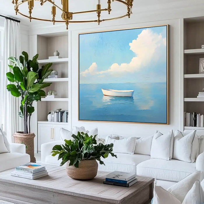 White Boat on Water Painting - Calm Coastal Canvas Art - White Boat - Hues Art Lab