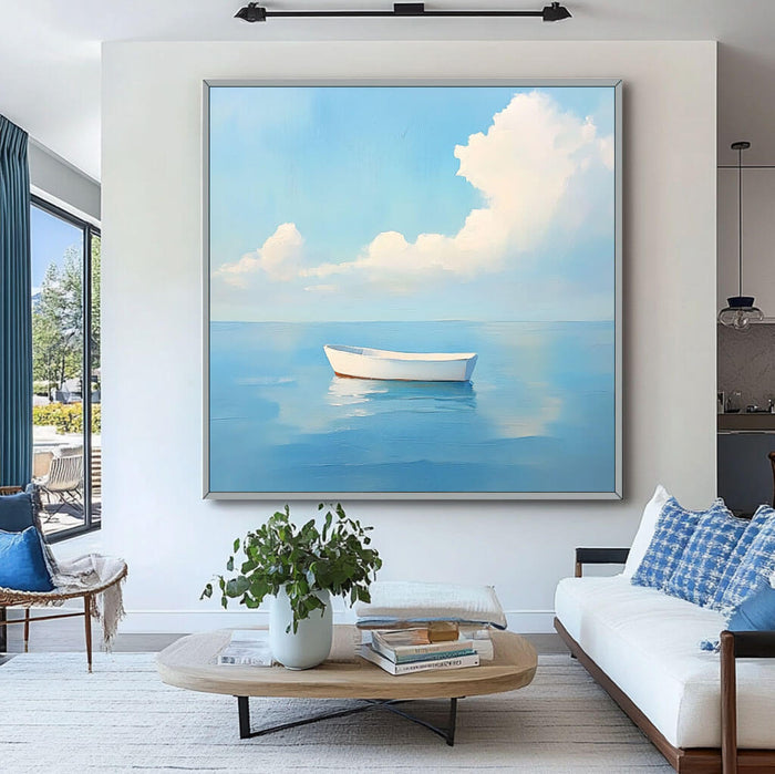 White Boat on Water Painting - Calm Coastal Canvas Art - White Boat - Hues Art Lab