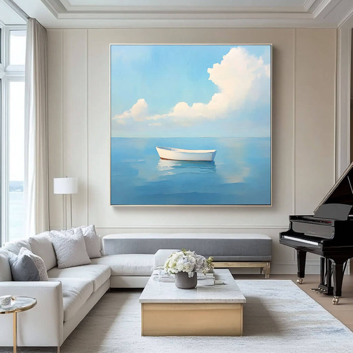 White Boat on Water Painting - Calm Coastal Canvas Art - White Boat - Hues Art Lab