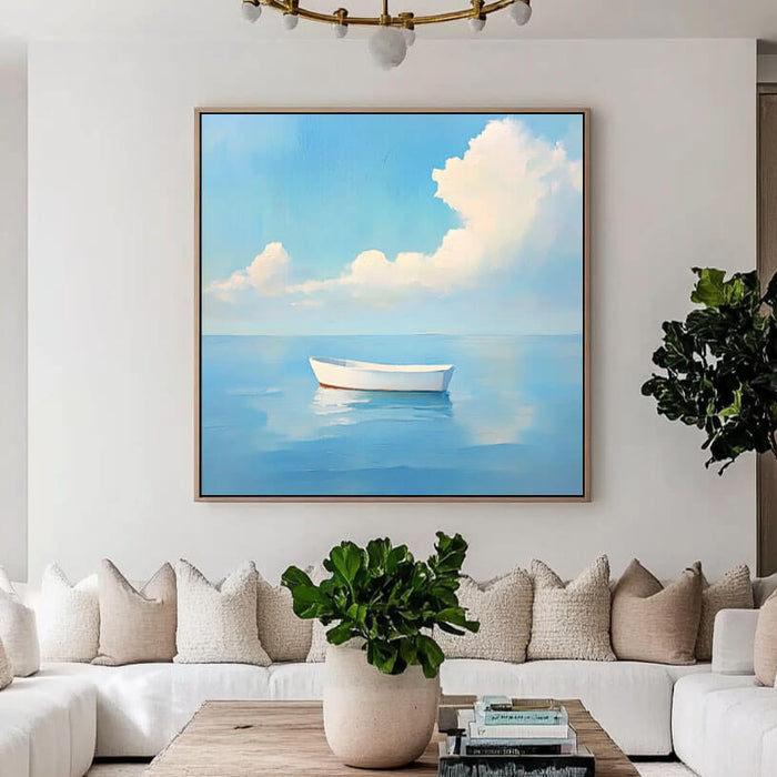 White Boat on Water Painting - Calm Coastal Canvas Art - White Boat - Hues Art Lab