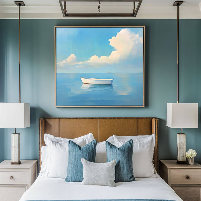 White Boat on Water Painting - Calm Coastal Canvas Art - White Boat - Hues Art Lab