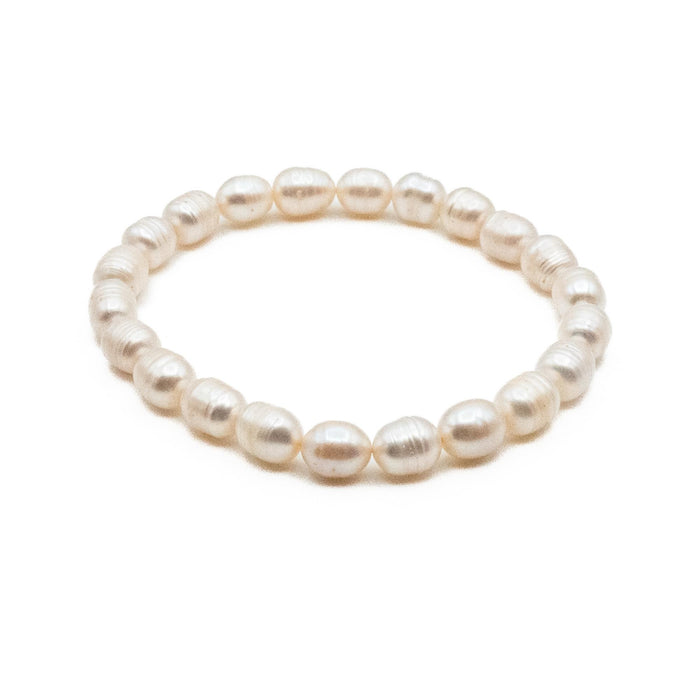White Cultured Oval Ringed Pearl Stretch Bracelet 7 Inches