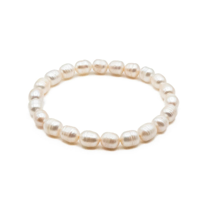 White Cultured Oval Ringed Pearl Stretch Bracelet 7 Inches