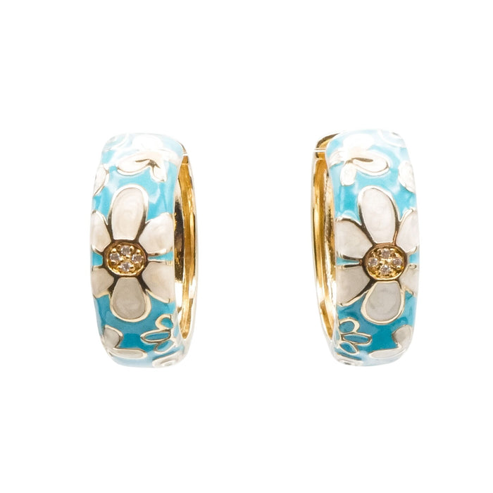 White Floral Blue Enamel Gold Plated Hoop Earrings With CZ