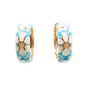 White Floral Blue Enamel Gold Plated Hoop Earrings With CZ