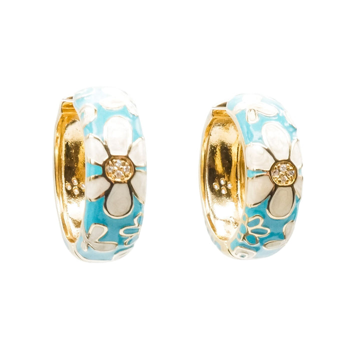White Floral Blue Enamel Gold Plated Hoop Earrings With CZ