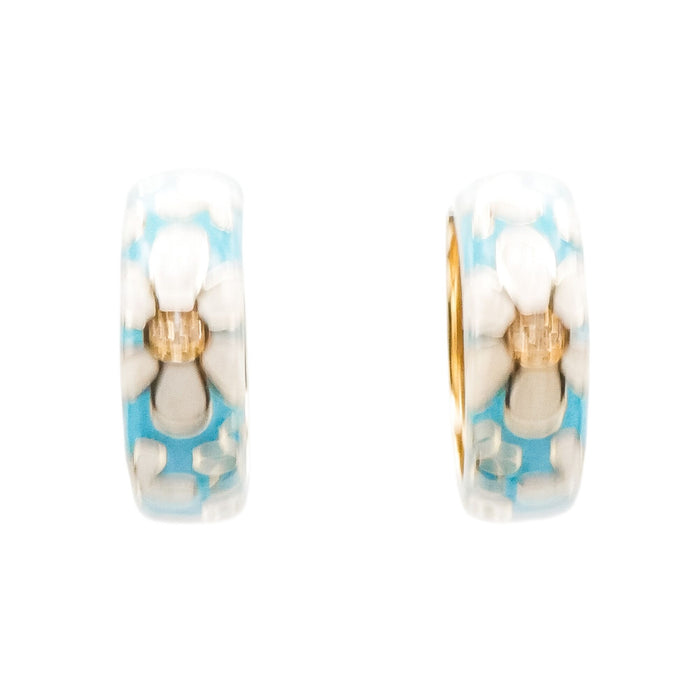 White Floral Blue Enamel Gold Plated Hoop Earrings With CZ