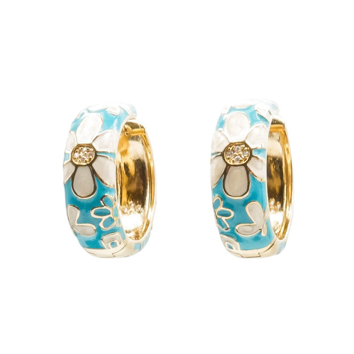 White Floral Blue Enamel Gold Plated Hoop Earrings With CZ