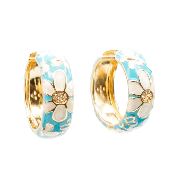 White Floral Blue Enamel Gold Plated Hoop Earrings With CZ