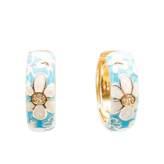 White Floral Blue Enamel Gold Plated Hoop Earrings With CZ
