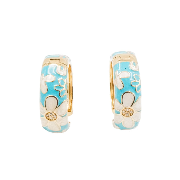 White Floral Blue Enamel Gold Plated Hoop Earrings With CZ