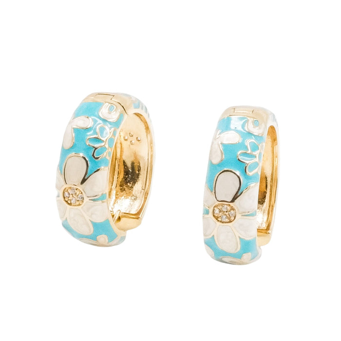 White Floral Blue Enamel Gold Plated Hoop Earrings With CZ