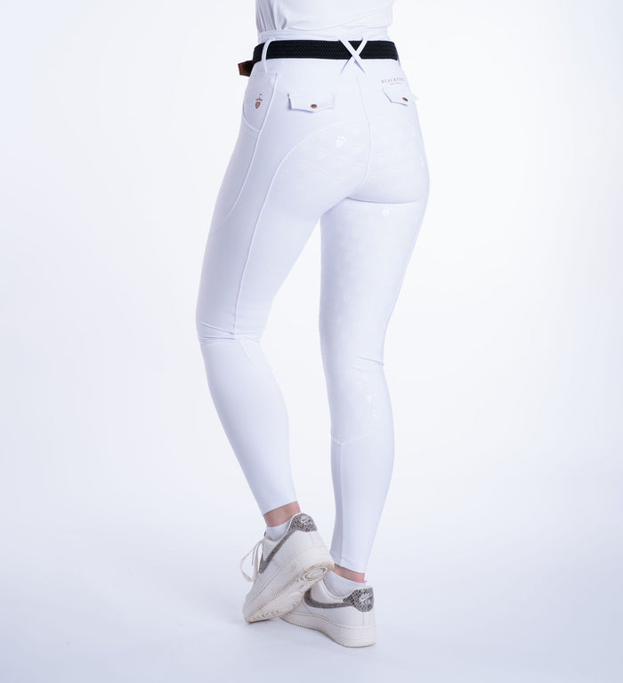 Blackfort Equestrian women's white rose gold Breggings riding tights leggings full silicone seat belt loops phone pockets