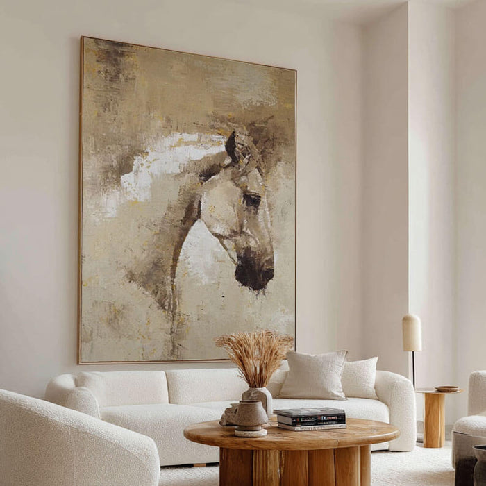 Neutral Horse Canvas Wall Art - Rustic Animal Painting for Modern Farmhouse Decor - Windswept Hide - Hues Art Lab
