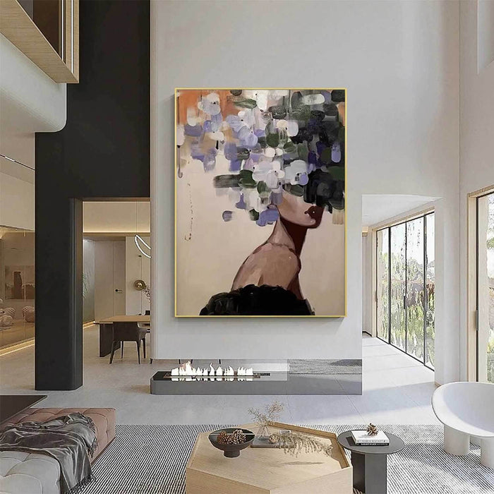 Abstract Female Portrait Wall Art - Modern Hand-Painted Canvas with Floral Color Blocks - Women In Vogue I - Hues Art Lab
